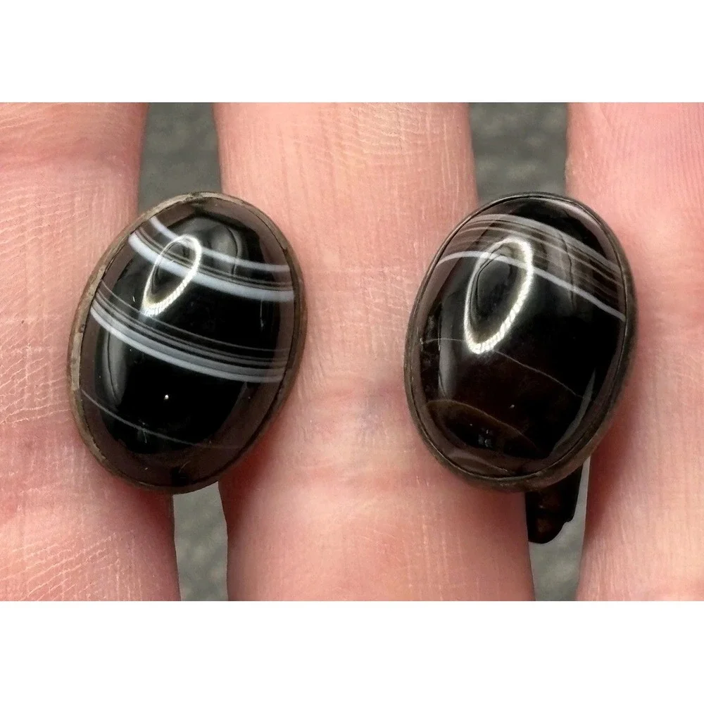 Vintage Sterling Silver 925 Black Brown White Banded Agate Oval Cufflinks